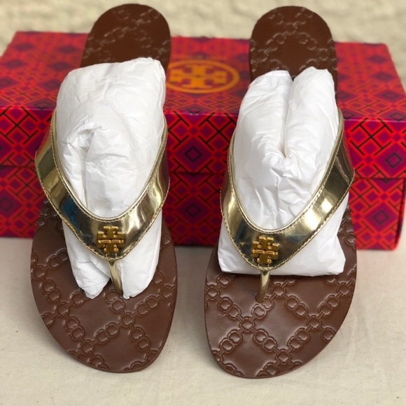 Tory Burch Monroe Sandals Flip Flops Gold Sz 10.5 - Picture 1 of 6